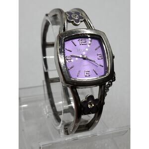 Purple Lavender Violet Lilac Charm Bracelet Cuff Hinged Bangle Silver Tone Watch